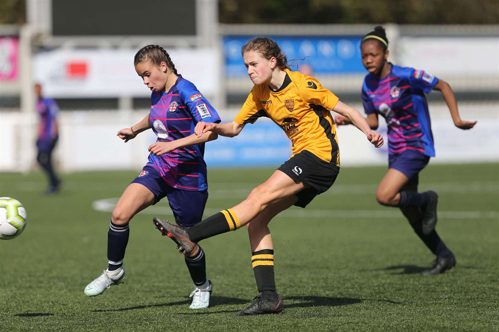 Danson Sports under-16s move quickly to put Maidstone United (amber) under pressure. Picture: PSP Images