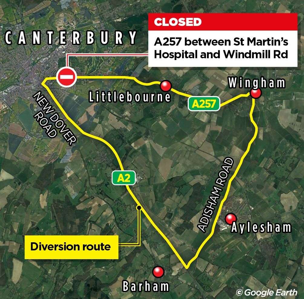 The closure of the A257 in Canterbury would cause traffic to be diverted via the Adisham Road and A2 at Barham