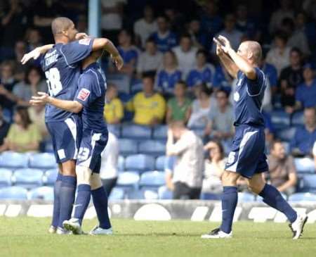 Southend celebrate their opening goal. Picture: MATT WALKER