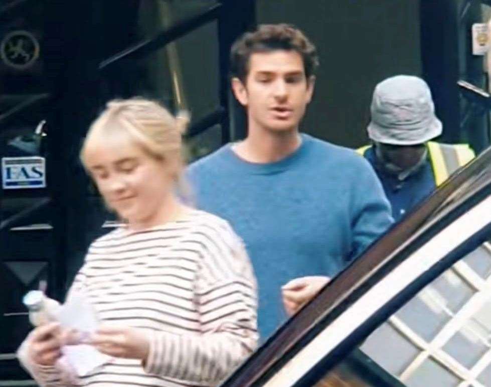 Actors Andrew Garfield and Florence Pugh were spotted filming outside a Texaco petrol station in Orpington. Picture: @hearts4vinisha on TikTok