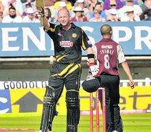 Darren Stevens salutes his half century. Picture: Barry Goodwin