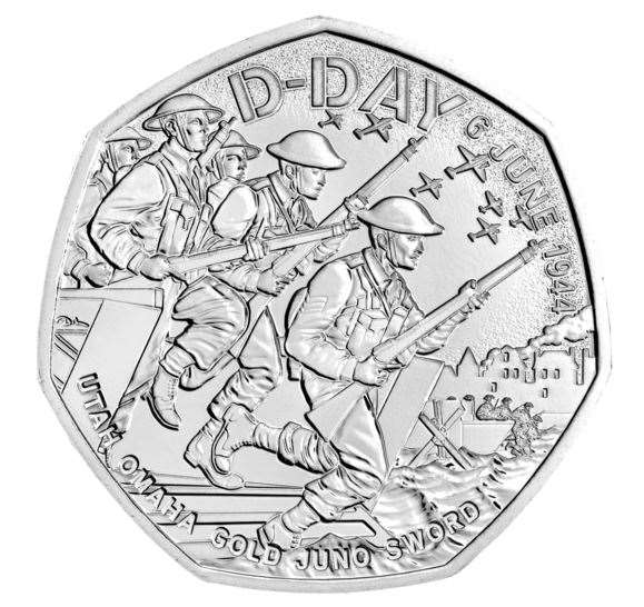 The coin shows soldiers landing on the beach with aircraft above their heads. Image: The Royal Mint.