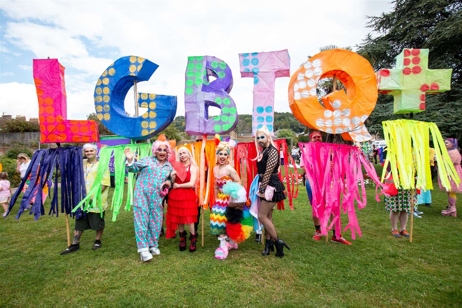 LGBTQIA+ big builds with drag queens, from left, Poppy Love, Cheryl Shots, Miss Lilli Berlin and Miss Di Vour. Photo: Dover Pride/David Goodson Photography