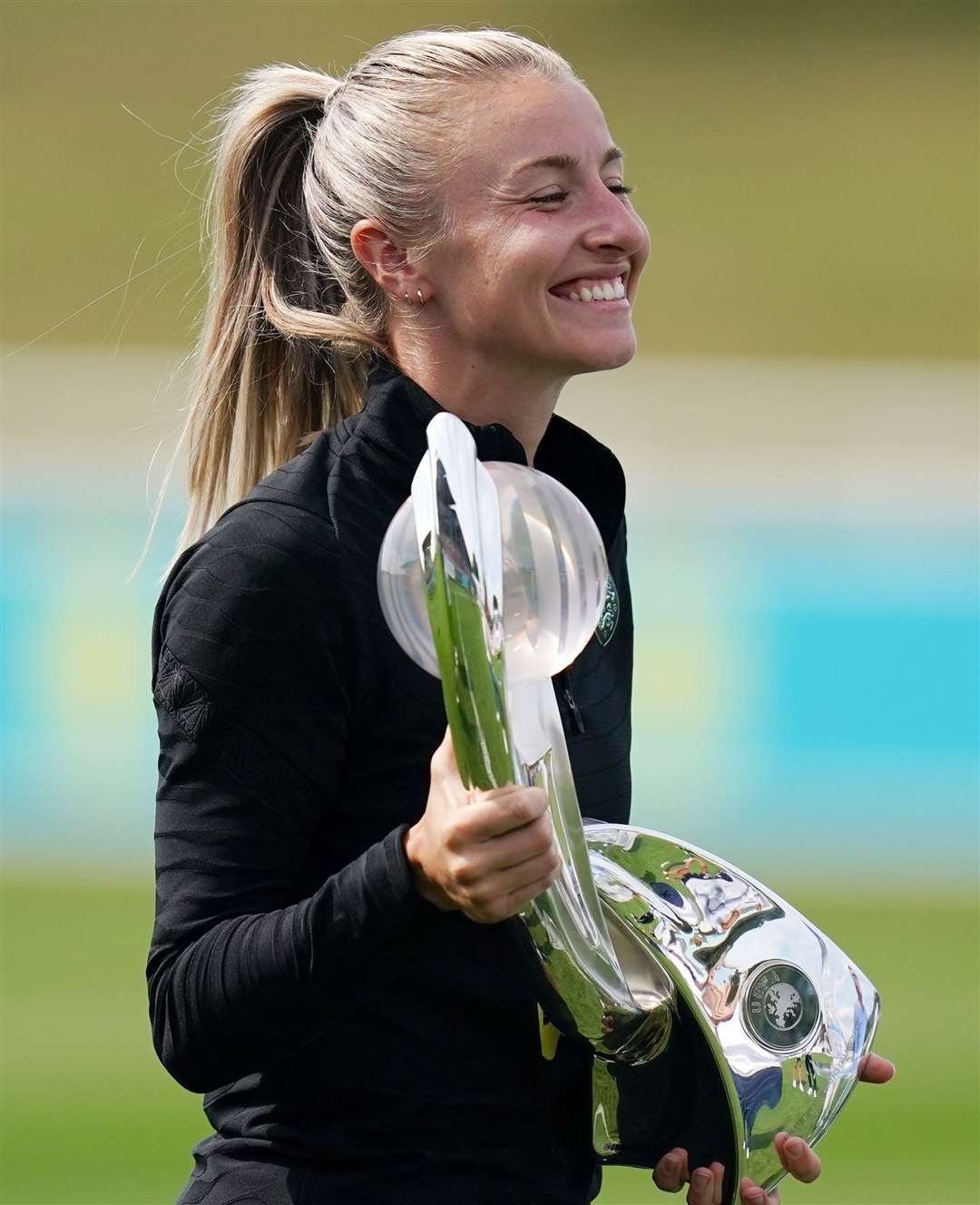 England’s Leah Williamson with the Womens Euros trophy at St George’s Park, Burton-on-Trent (Jacob King/PA)