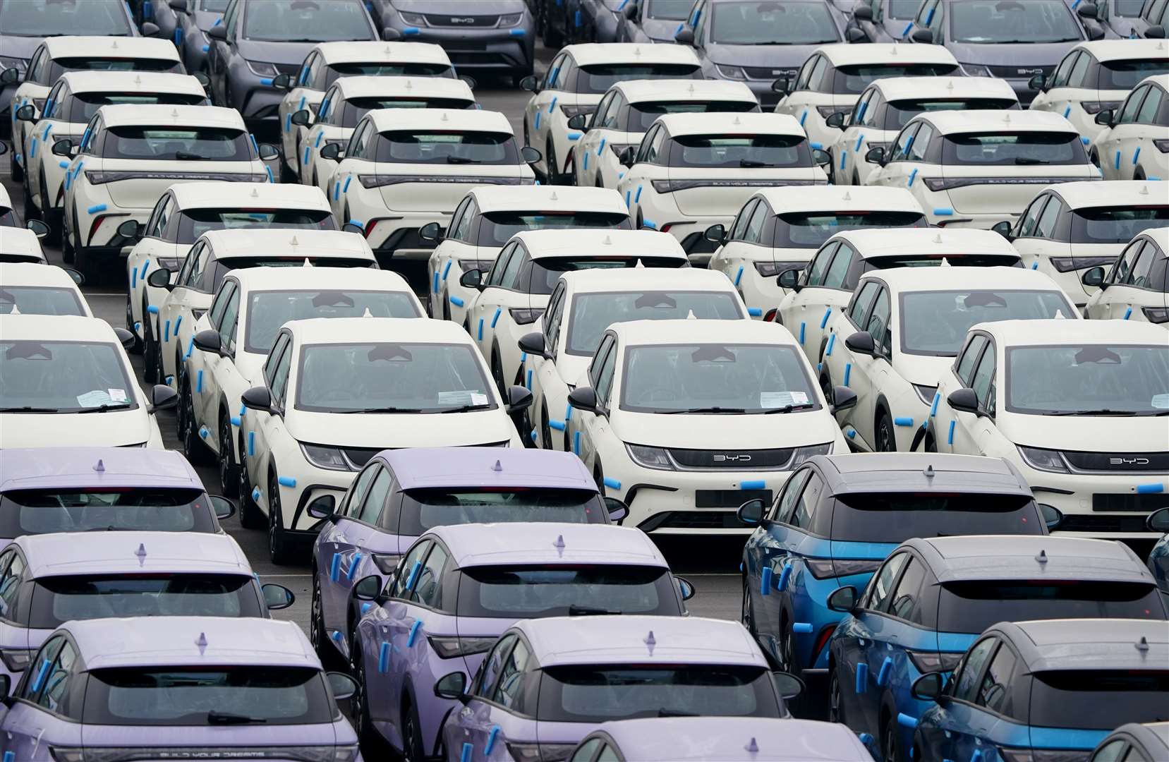 Chinese-made BYD passenger battery electric vehicles and plug-in hybrid electric vehicles in a compound in Sheerness, Kent (Gareth Fuller/PA)