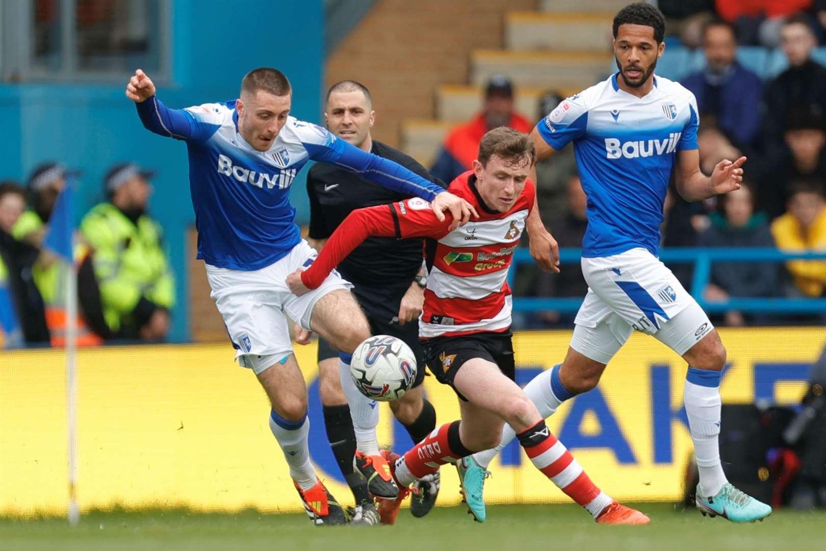 Dom Jefferies challenges for the ball in the first half at Priestfield Picture: Beau Goodwin