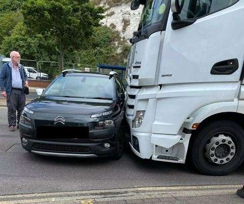 The lorry and car crashed on Marine Parade in Dover this morning. Picture: David Wright