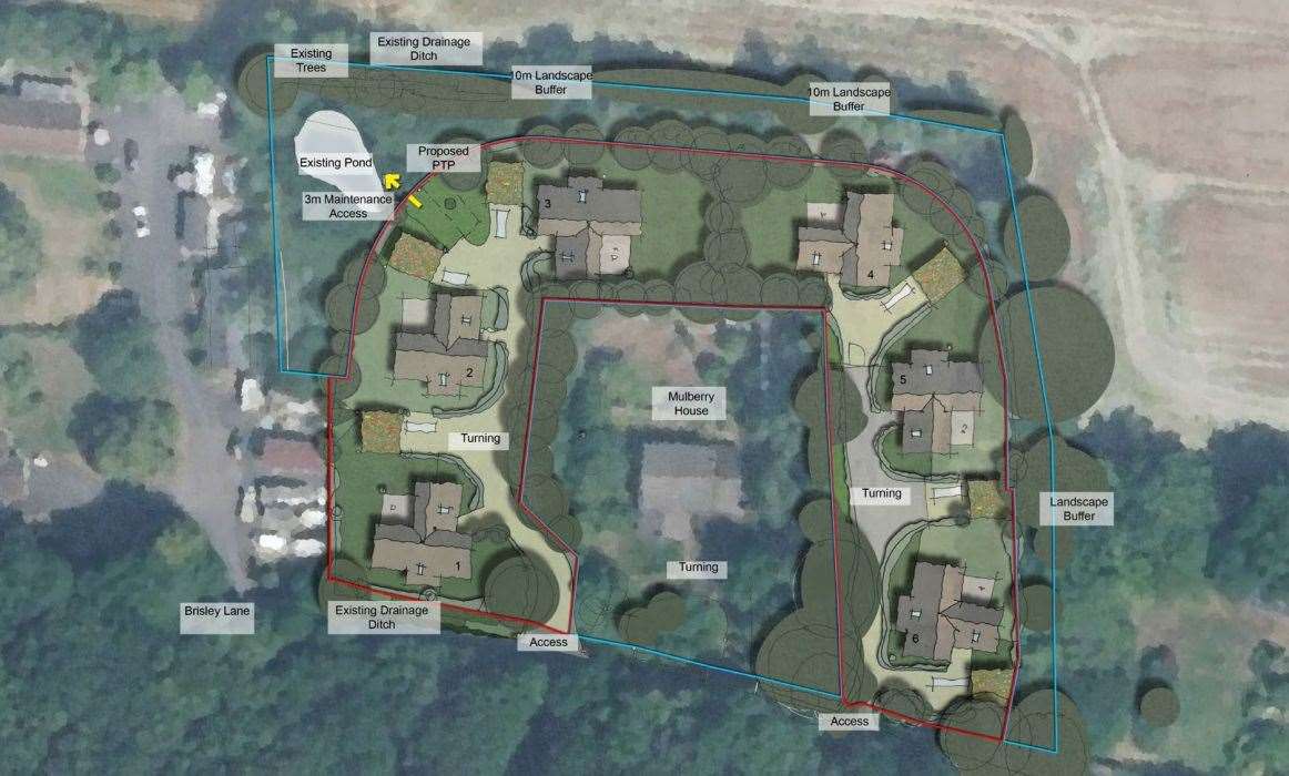 The proposed site layout, with the six new properties being built around the existing Mulberry House