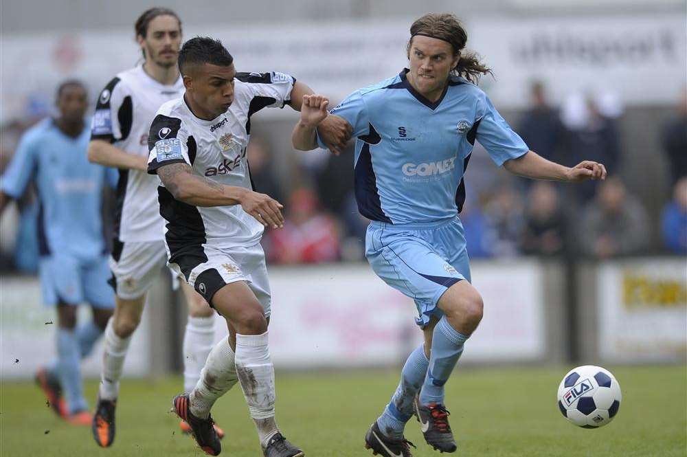 Daryl McMahon (right) in action for Dover during their Conference South play-off final defeat to Salisbury