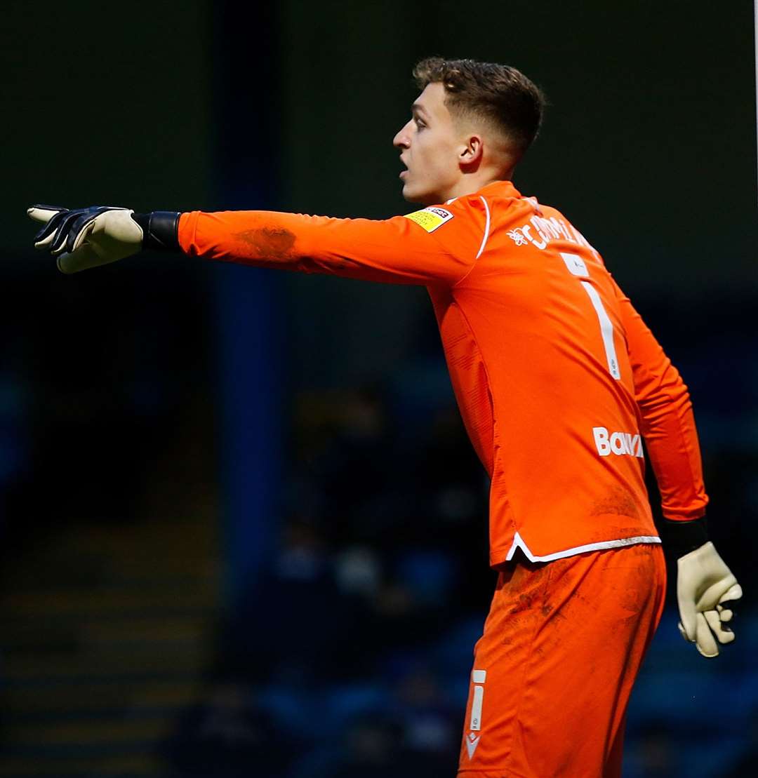 Gills goalkeeper Jamie Cumming organises his defence. Picture: Andy Jones