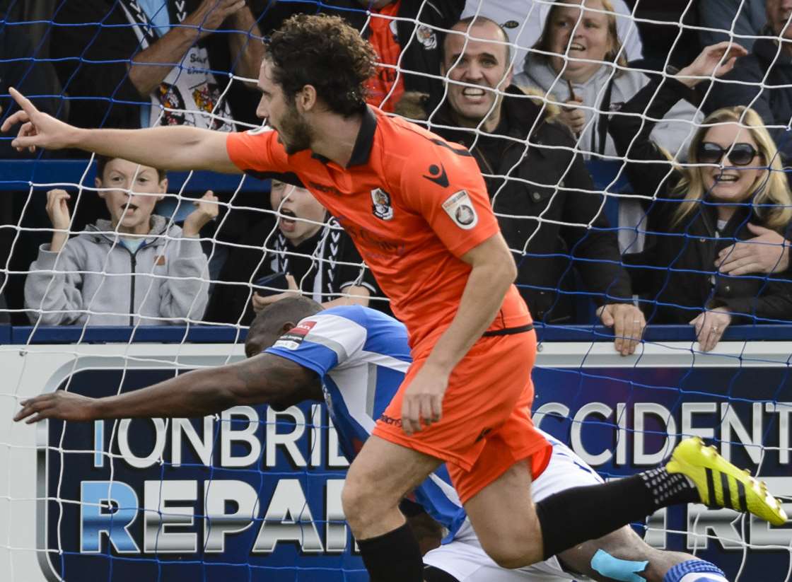 Alex Brown celebrates scoring Dartford's opener in the 3-0 FA Cup Fourth Qualifying Round win at Tonbridge Pic Andy Payton