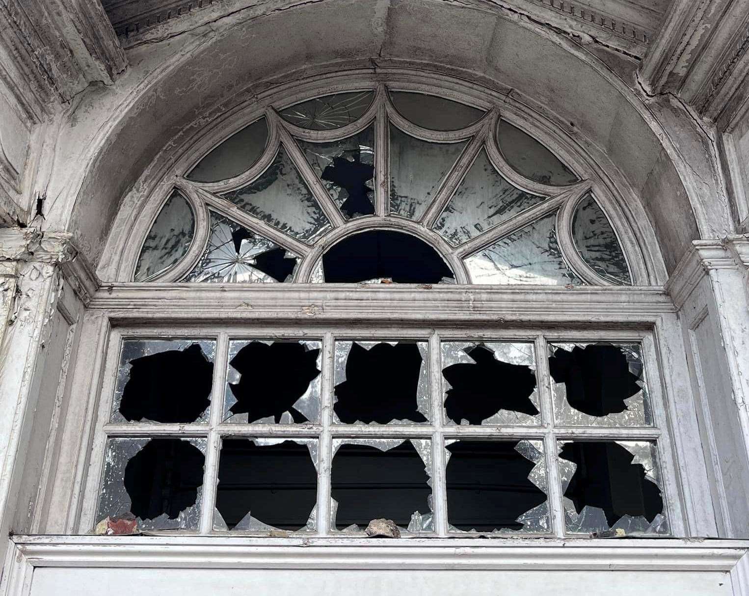 Smashed windows above the door. Picture: Southborough Society