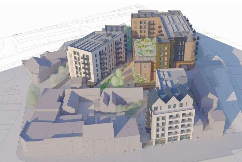 A 3D design of the new plans in the latest application for the site of the former Trafalgar Centre and multi-storey car park in Chatham. Photo: Chetwoods Architects