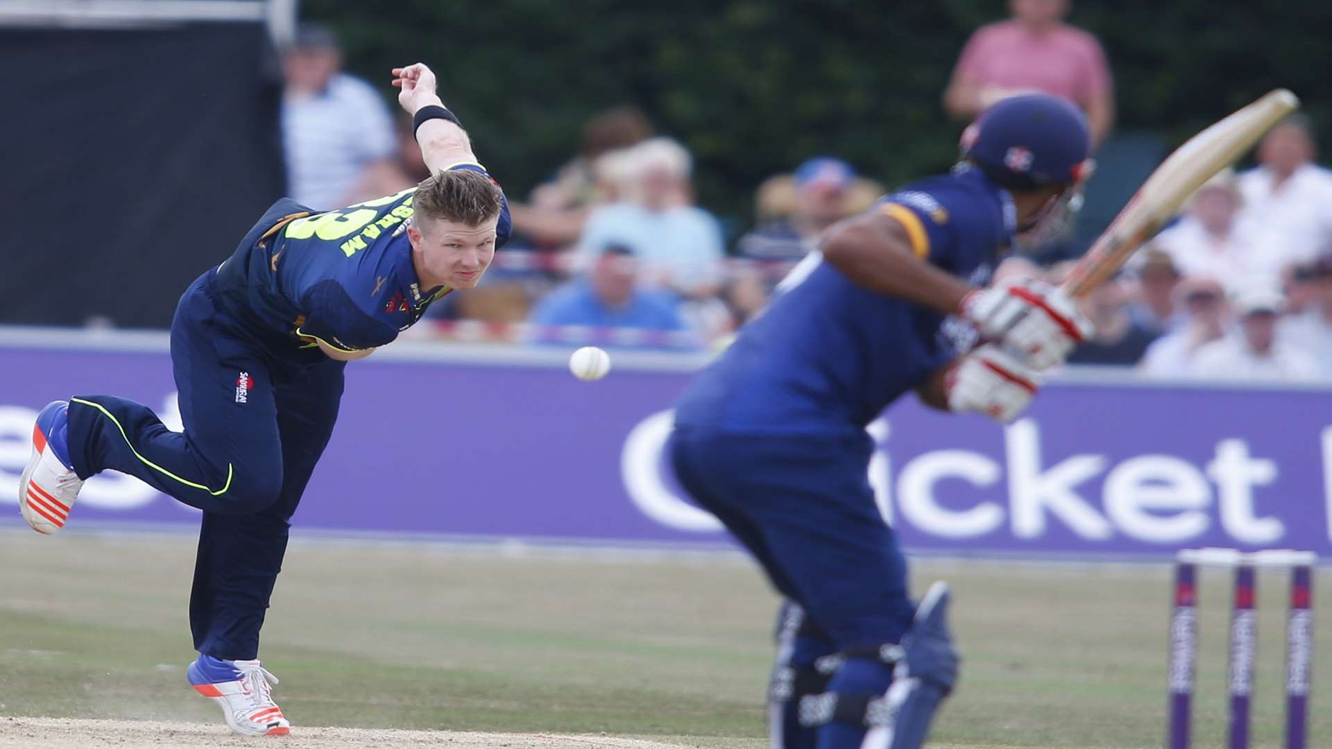 Jimmy Neesham in full flight for Kent Spitfires against Essex Eagles Picture: Andy Jones