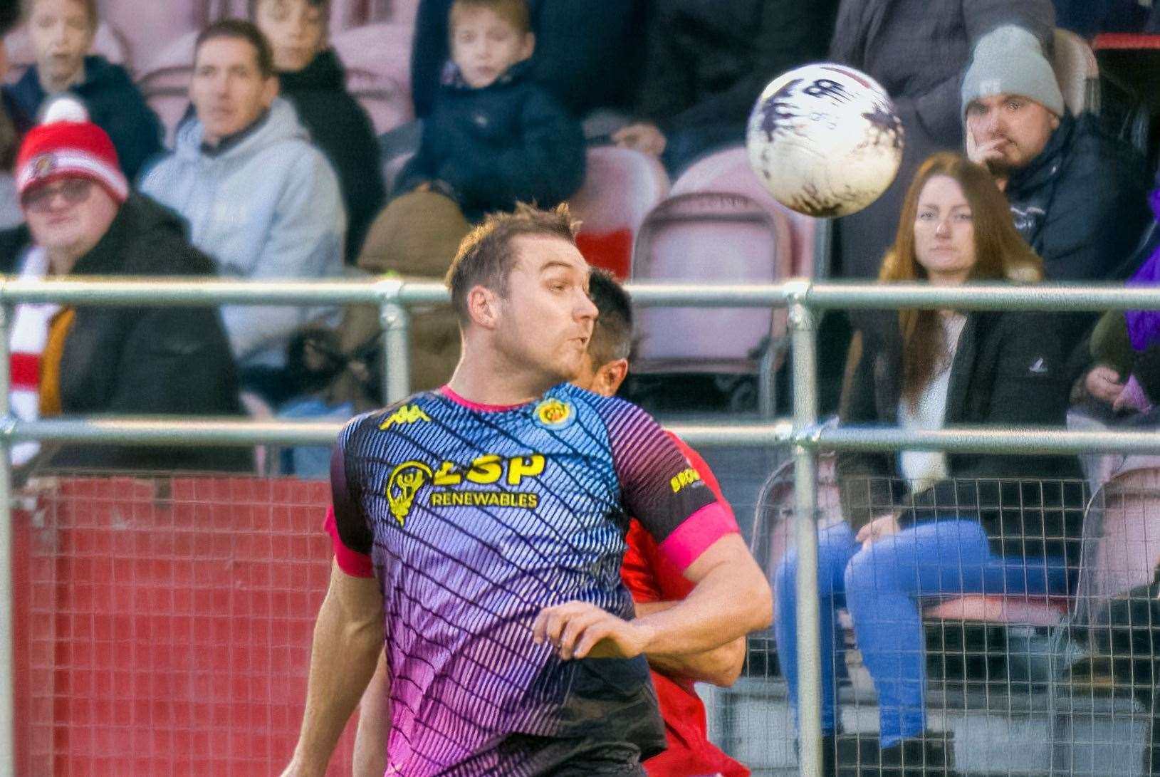 Michael Cheek wins a header for Bromley at Ebbsfleet on Boxing Day. Picture: Ed Miller/EUFC