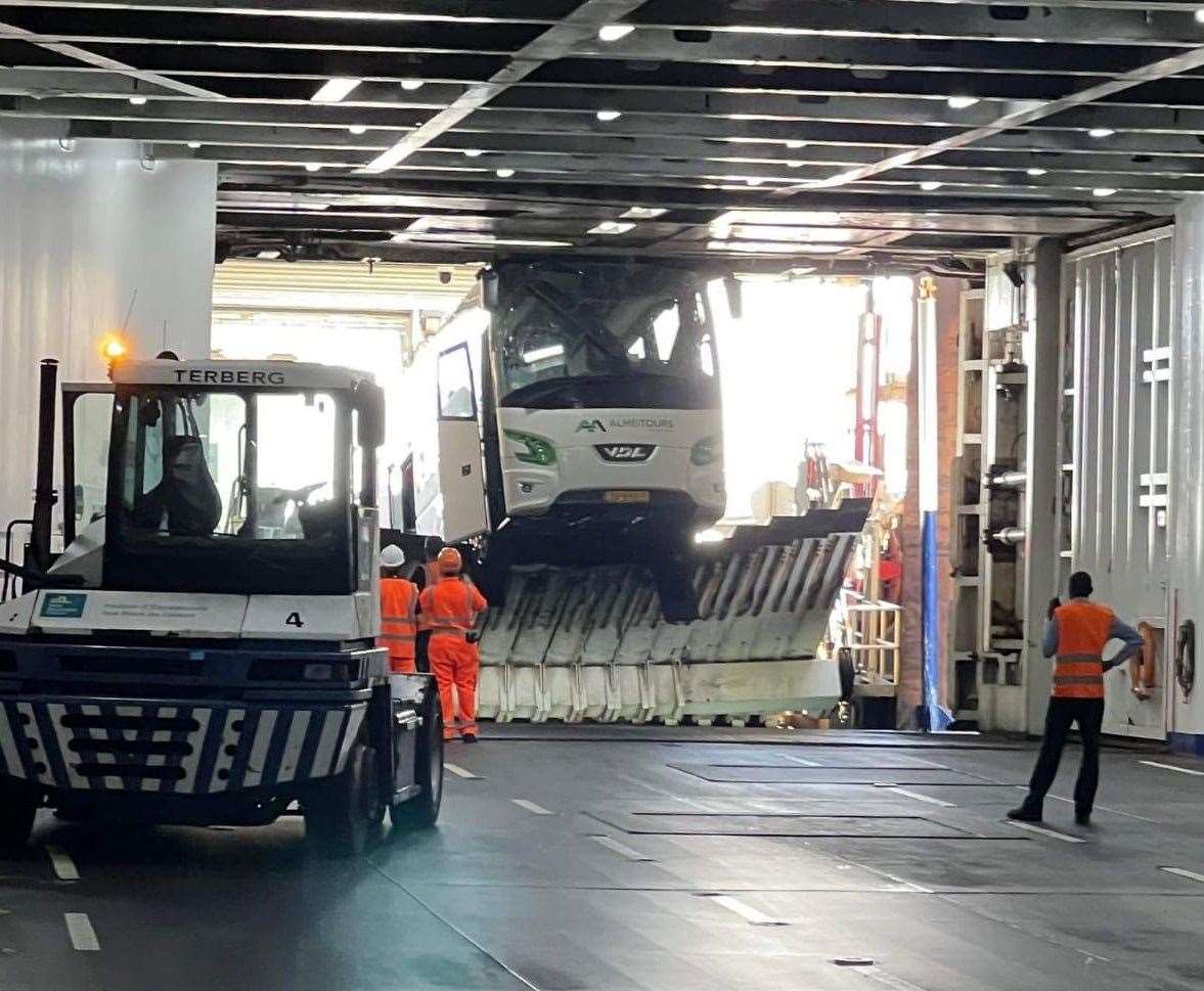 The coach wedged between a ramp and the ceiling on P&O Ferries ship Pride of Kent