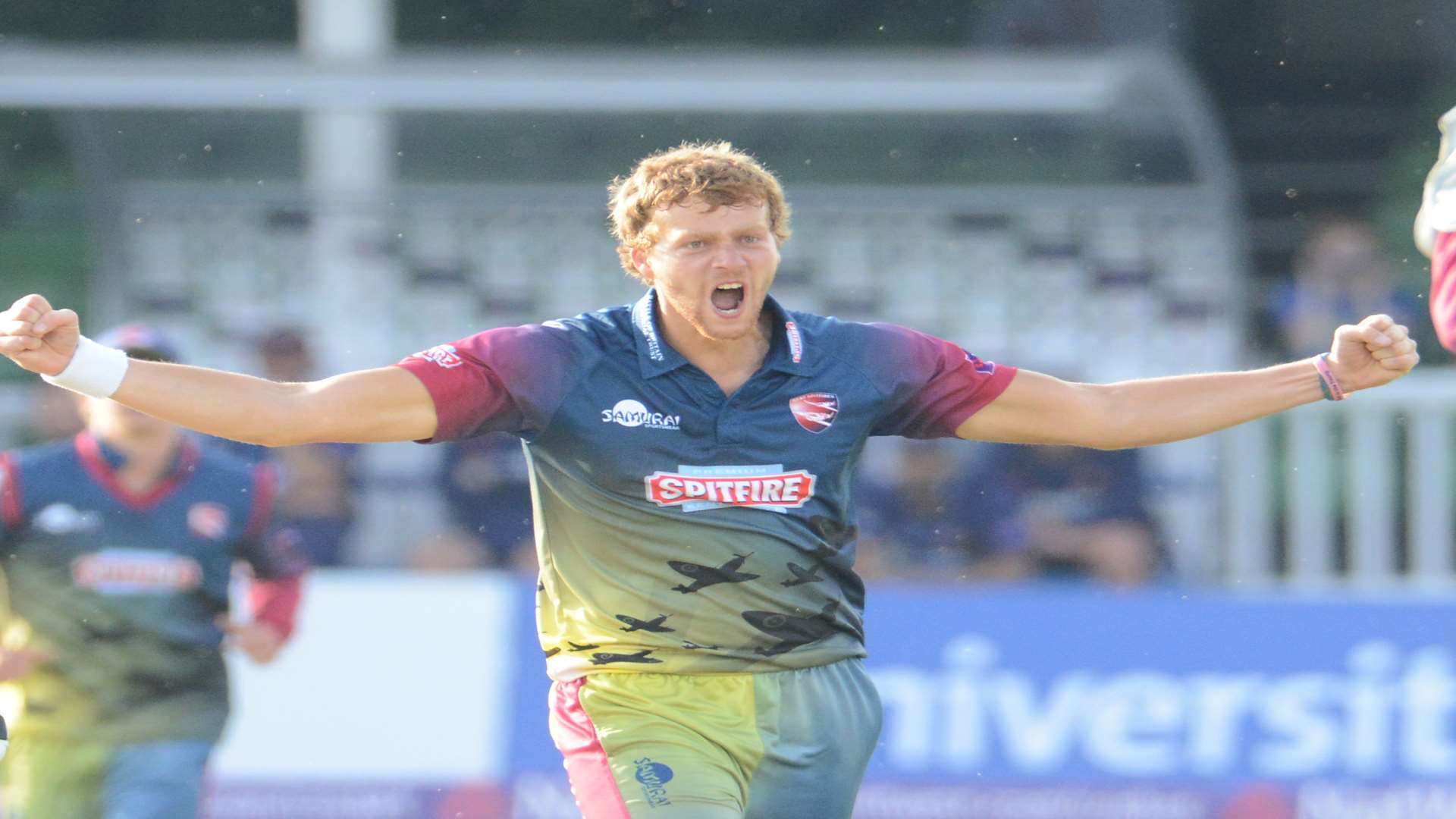 Ivan Thomas celebrates taking the first wicket of his T20 career Picture: Gary Browne