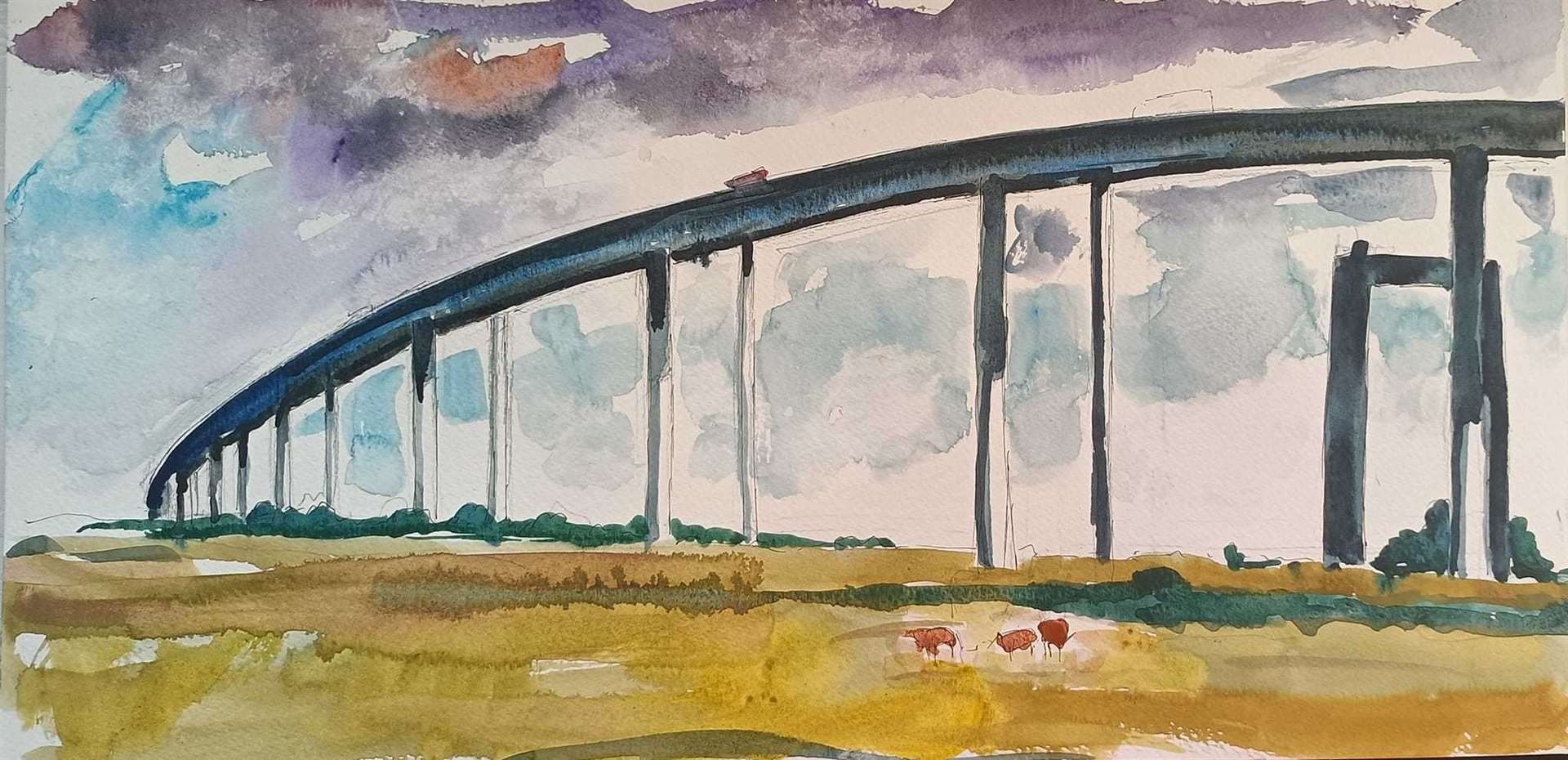 The Sheppey Crossing painted by former children's TV presenter Timmy Mallett. Copyright Timmy Mallett www.mallettspallette.co.uk