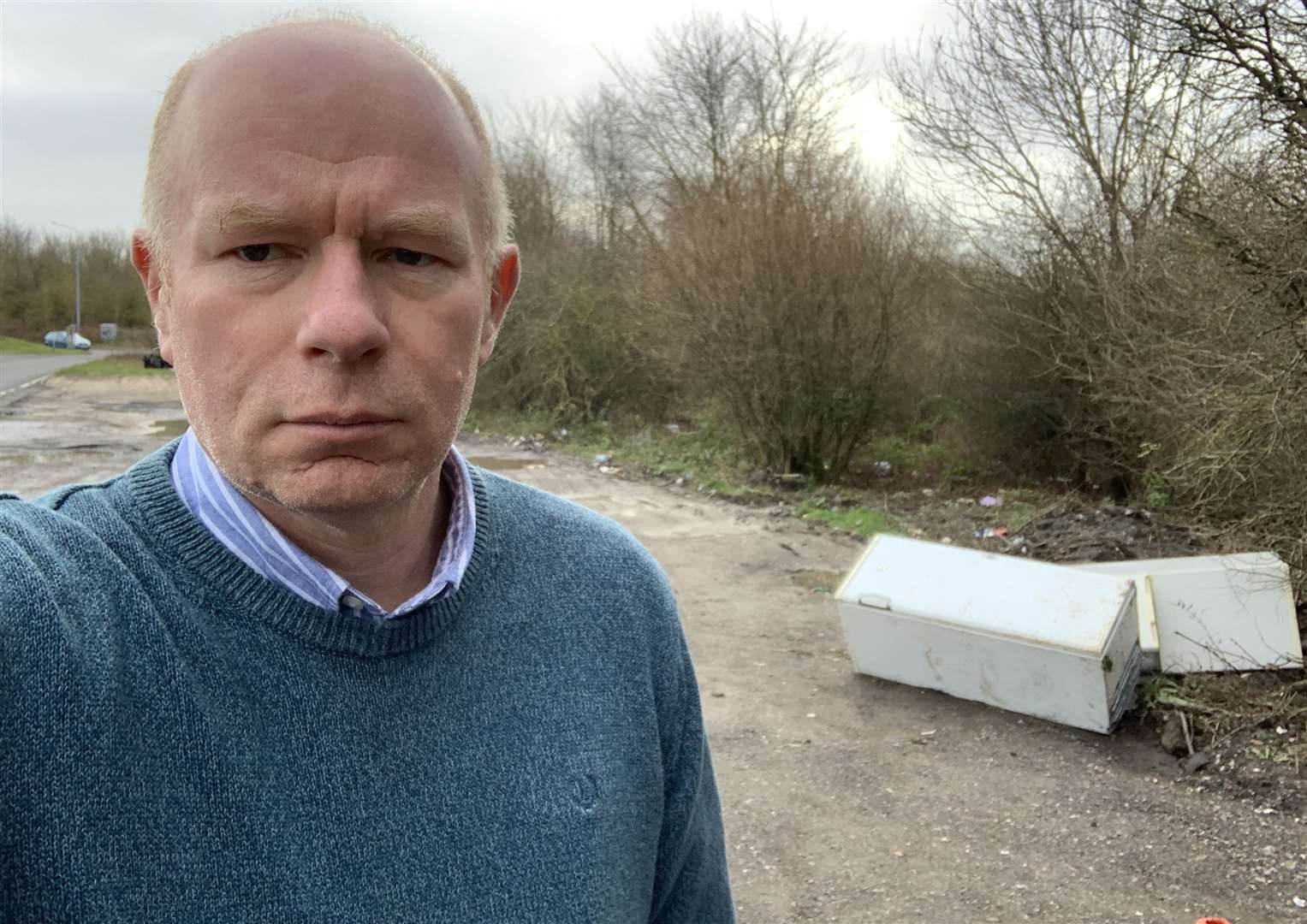 Cllr Mike Sole at the lay-by, where fridge-freezers have been dumped