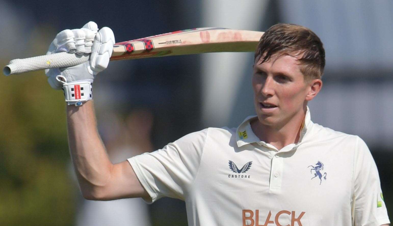 Batsman Zak Crawley celebrates his first-innings County Championship century for Kent against Nottinghamshire on Sunday - before signing a new one-year Kent contract. Picture: Oyster Bay Photography