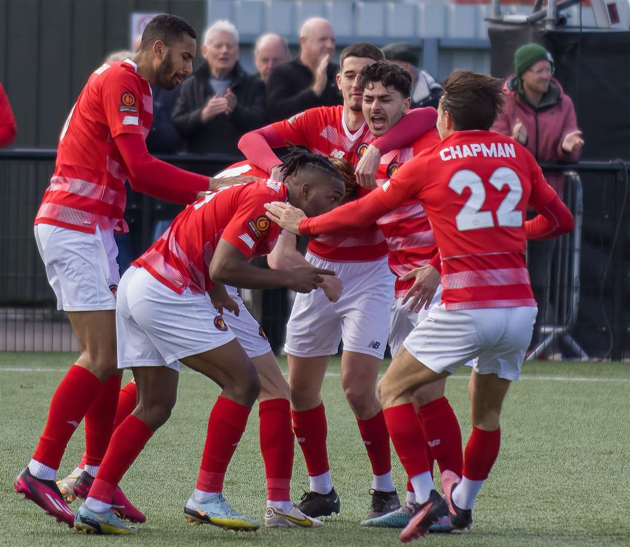 Ebbsfleet striker Dominic Poleon celebrates his winner at Slough - his 32nd league goal of the season. Picture: Ed Miller/EUFC