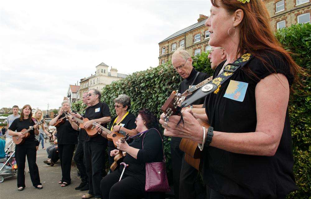 From left, Sue Blaskett, Jane Adams, Paul Morresey, Pete and Jane Croucher, Lynda Borley, Graham Jackson, Colin Kidd and Rose Dowd of Sunshin Ukes, entertaining the crowds at Broadstairs Folk Week.