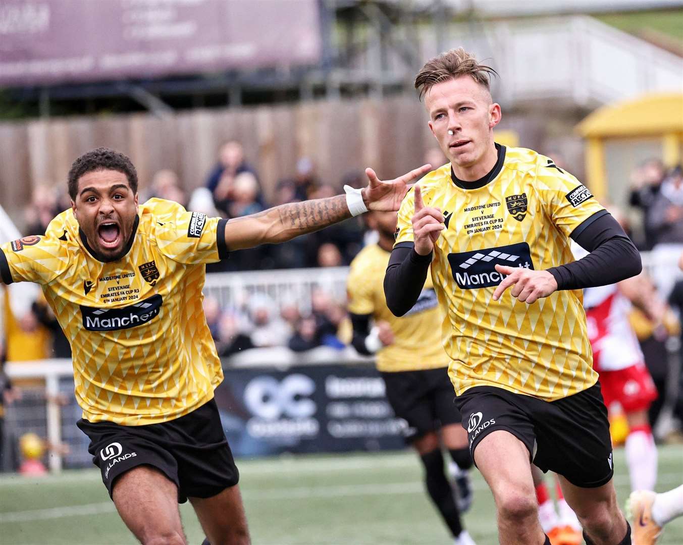 Sam Corne celebrates Maidstone’s winner against Stevenage in round three. Picture: Helen Cooper