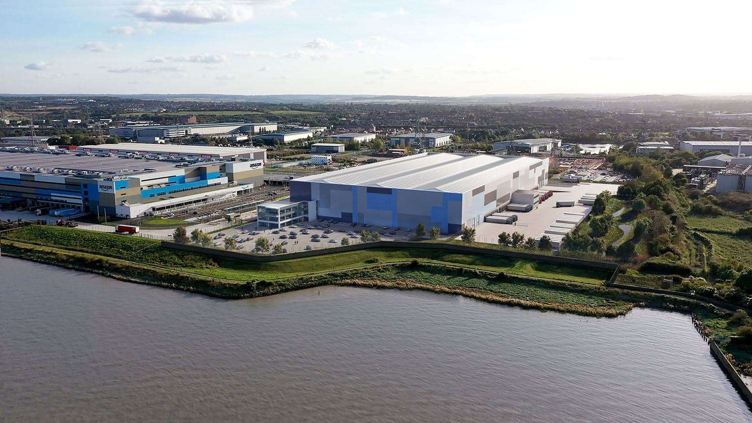 Artist's impressions show the proposed new warehouse on the former Littlebrook Power Station site in Dartford next to units occupied by IKEA and Amazon. Picture: Bericote/Tritax