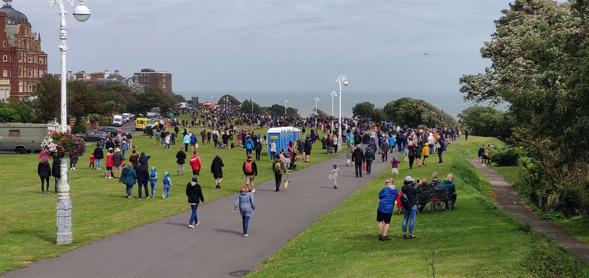 People gathered to see the Red Arrows display over Folkestone