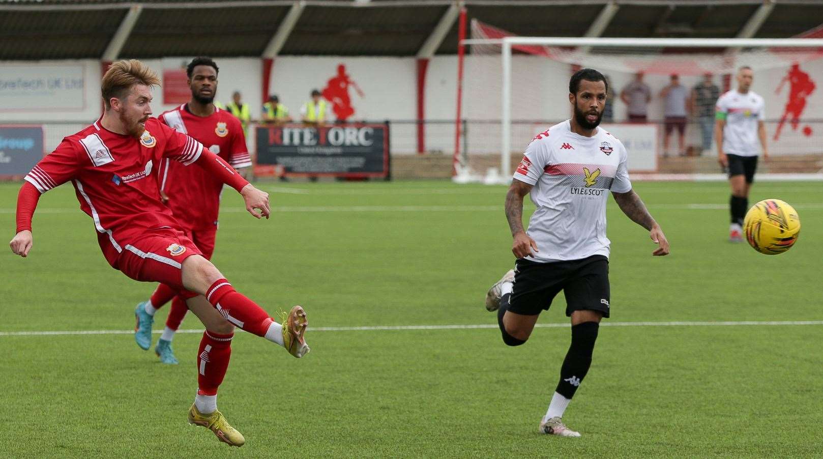 Whitstable full-back Jake Mackenzie sends the ball into the middle amid their 5-0 weekend loss to Lewes. Picture: Les Biggs