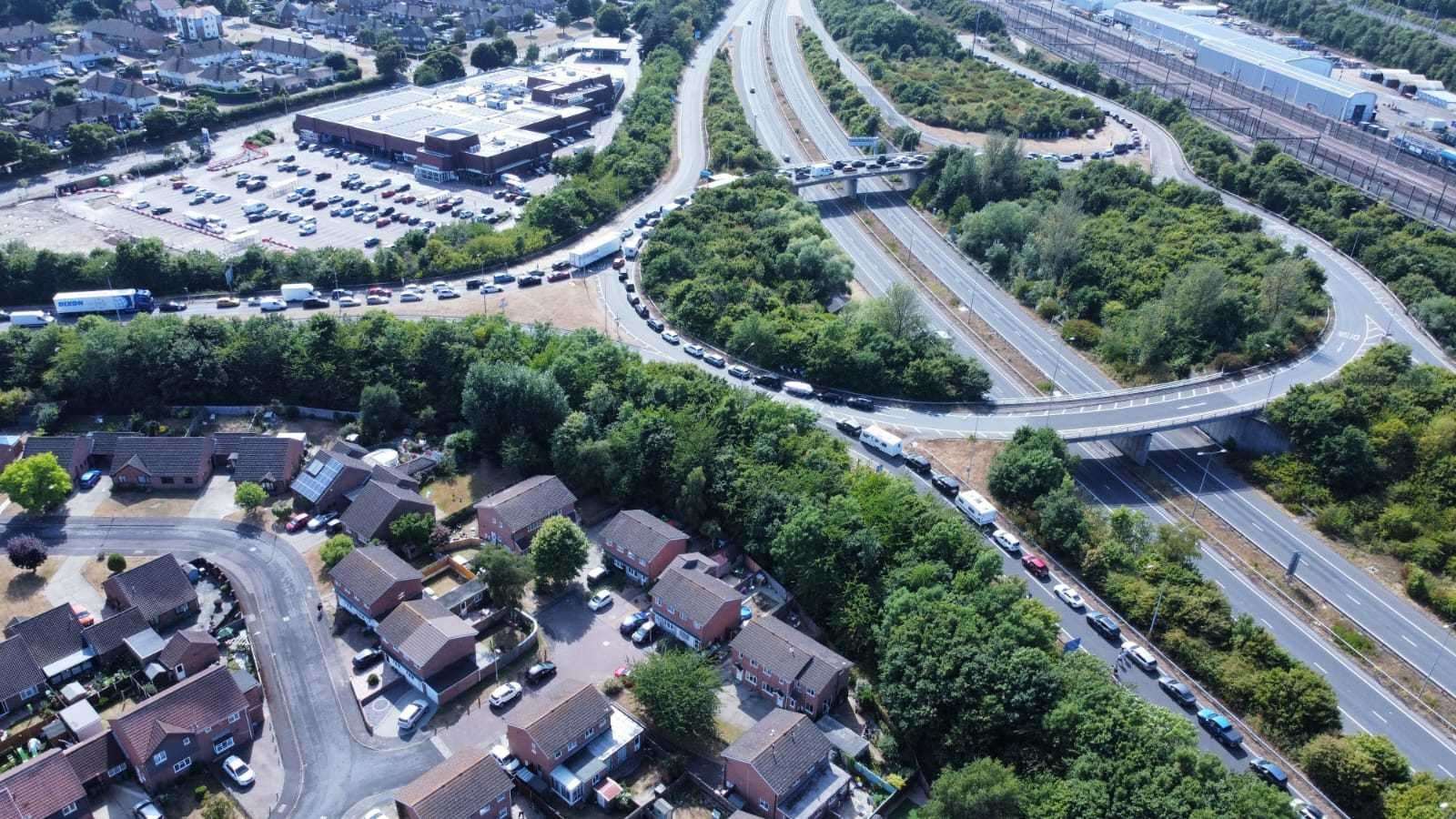 Congestion this afternoon surrounding the M20 at Junction 12 Cheriton. Picture: Paul Goodburn