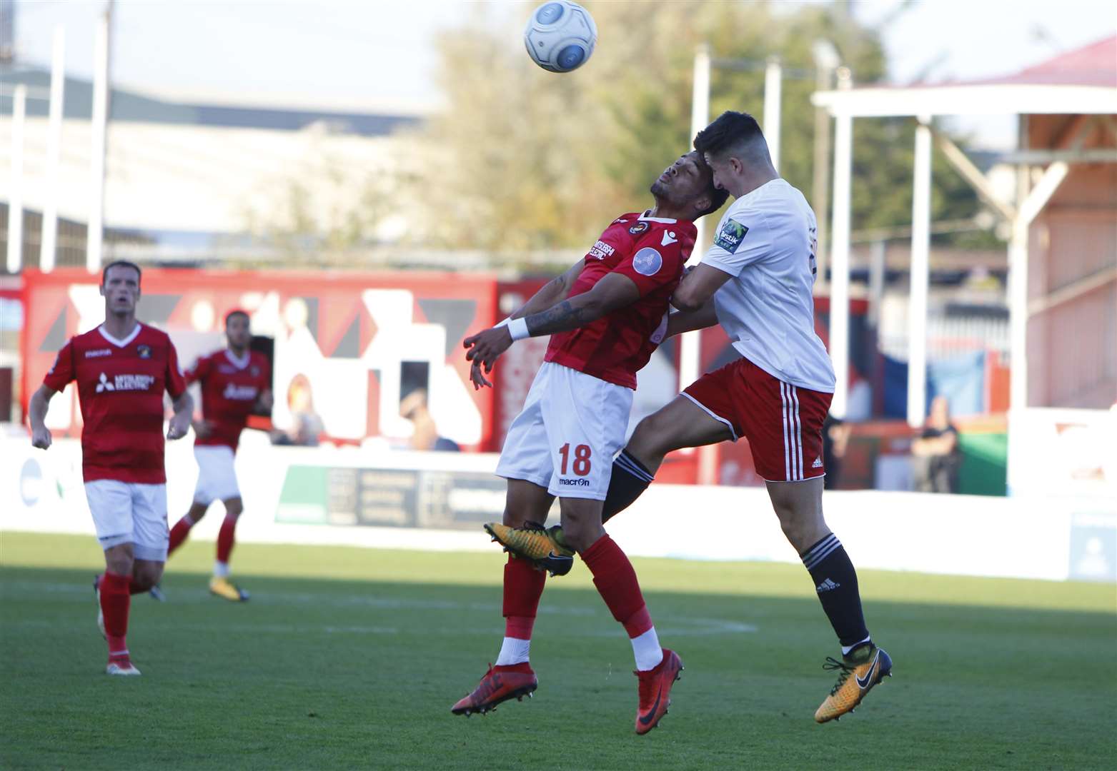 Corey Whitely up for a header during the FA Cup win over Worthing Picture: Andy Jones