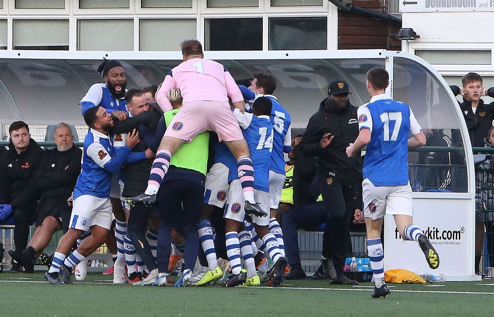 Tonbridge celebrate Jordan Higgs' injury-time leveller Picture: David Couldridge