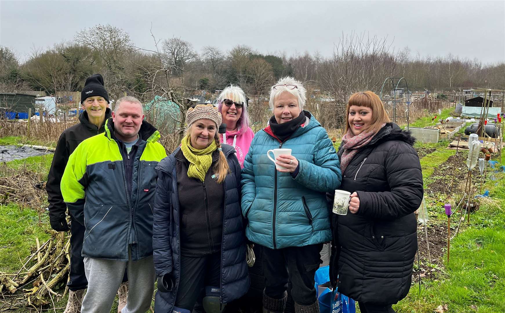 From left: Mike Boniface, Gareth Longhurst, Many Jago, Tessa Green, Sharon Brine and Kelly Longhurst enjoy having a coffee between work