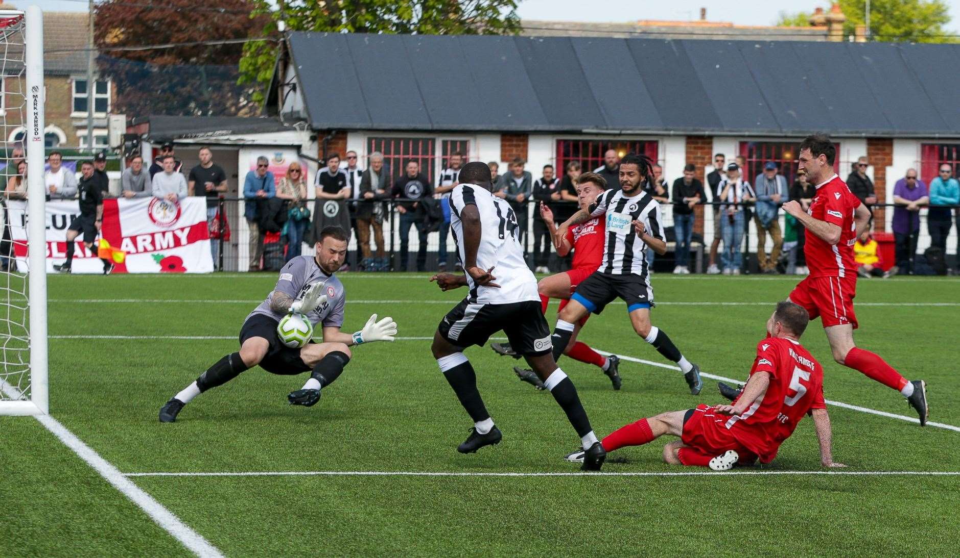 Hollands & Blair goalkeeper Dan Ellis keeps Fisher at bay Picture: Les Biggs