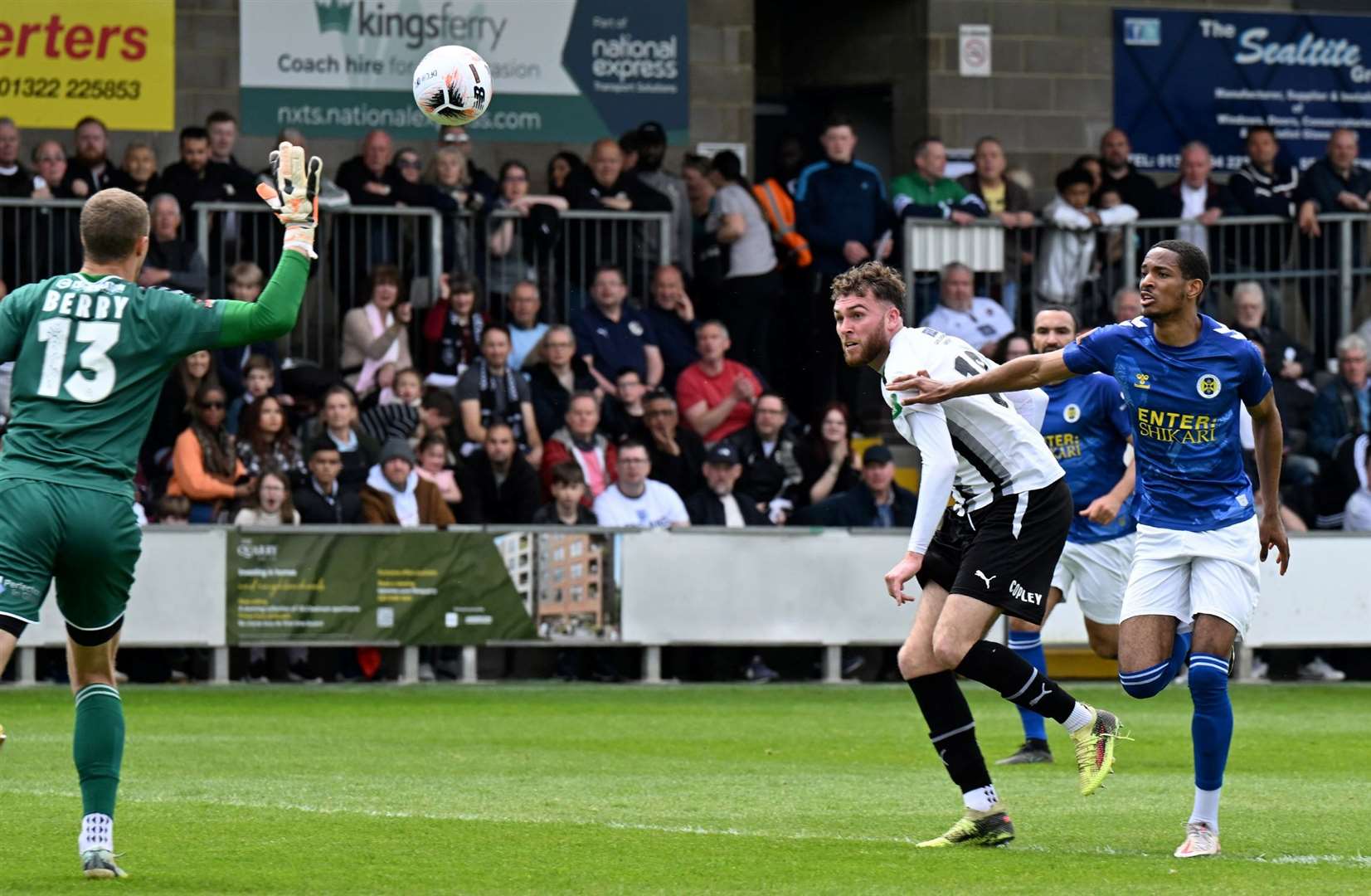 Dartford’s Harvey Bradbury puts them ahead during Sunday’s Play-off Semi-Final. Picture: Keith Gillard