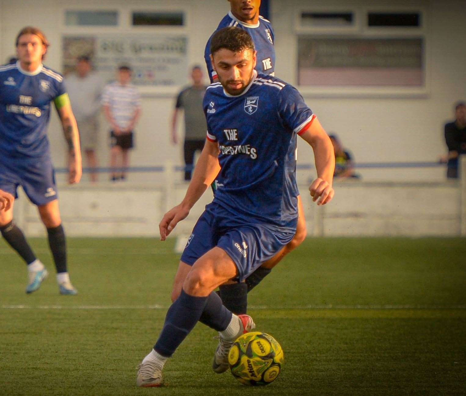 James Bessey-Saldanha on the ball for Margate in last Tuesday’s 2-2 home friendly draw with Dartford. Picture: Stuart Watson