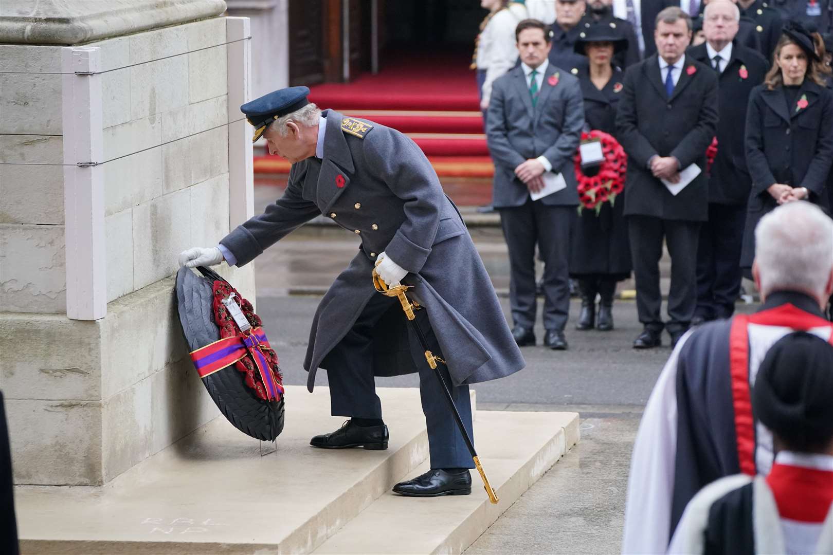 The King lays a wreath during the Remembrance Sunday service last year (Jonathan Brady/PA)