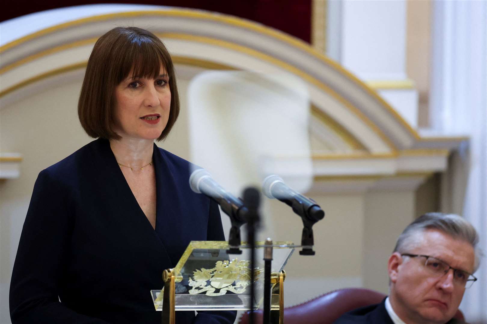 Rachel Reeves delivering her speech on financial services (Isabel Infantes/PA)