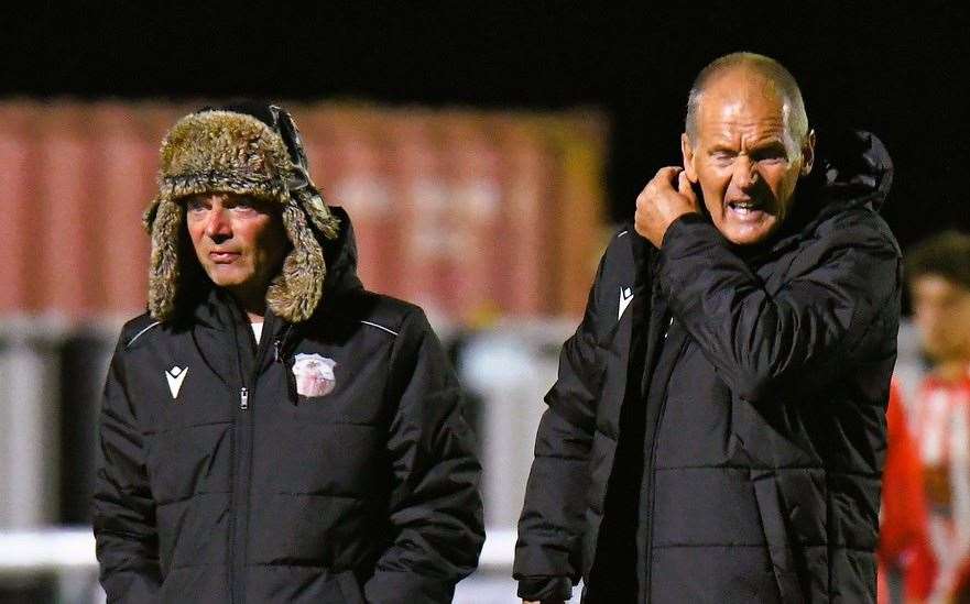 Sheppey boss Ernie Batten, left, with No.2 Geoff Record saw their team have a very tough afternoon. Picture: Marc Richards