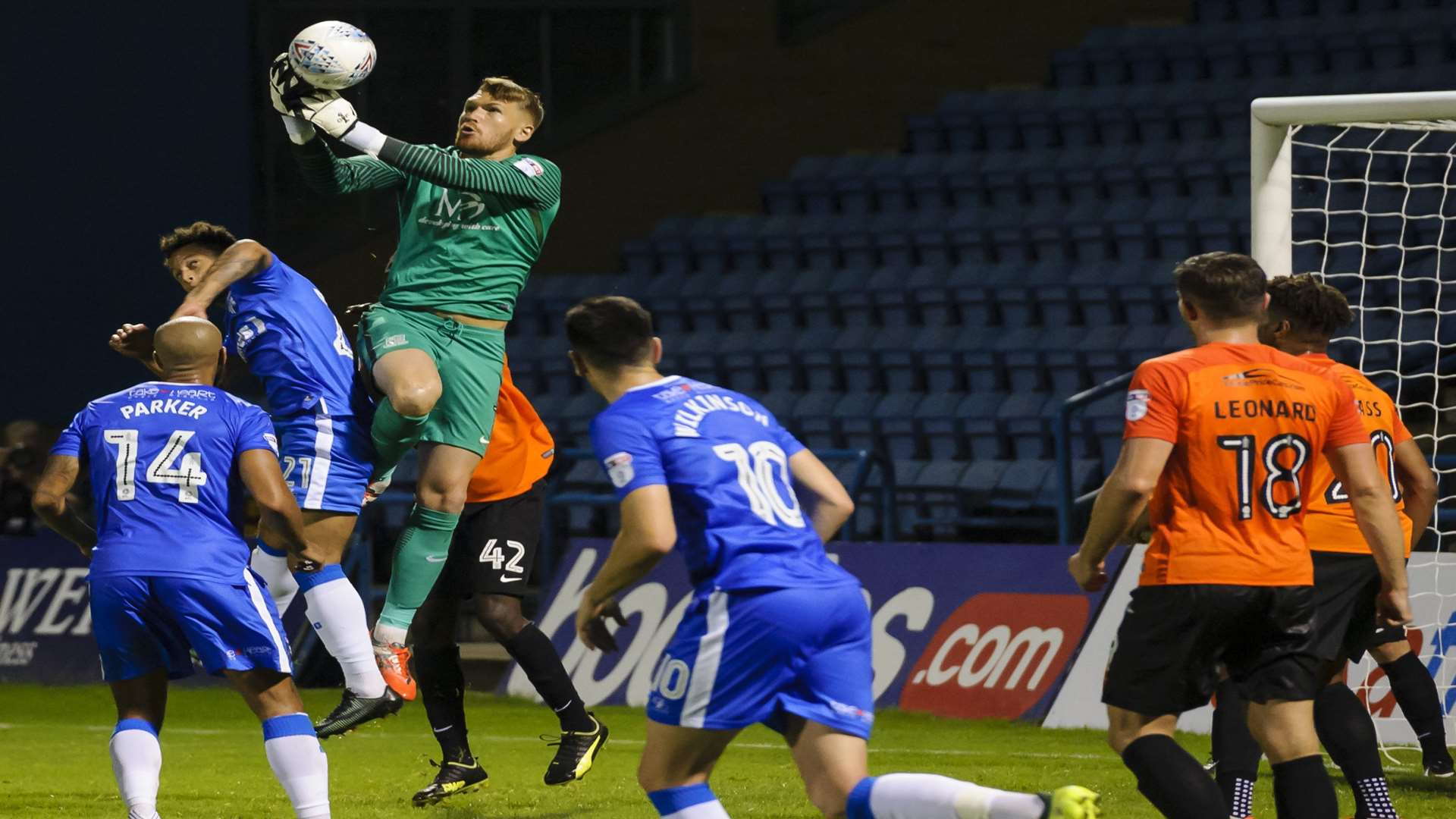 Southend keeper Mark Oxley claims the ball under pressure. Picture: Andy Payton