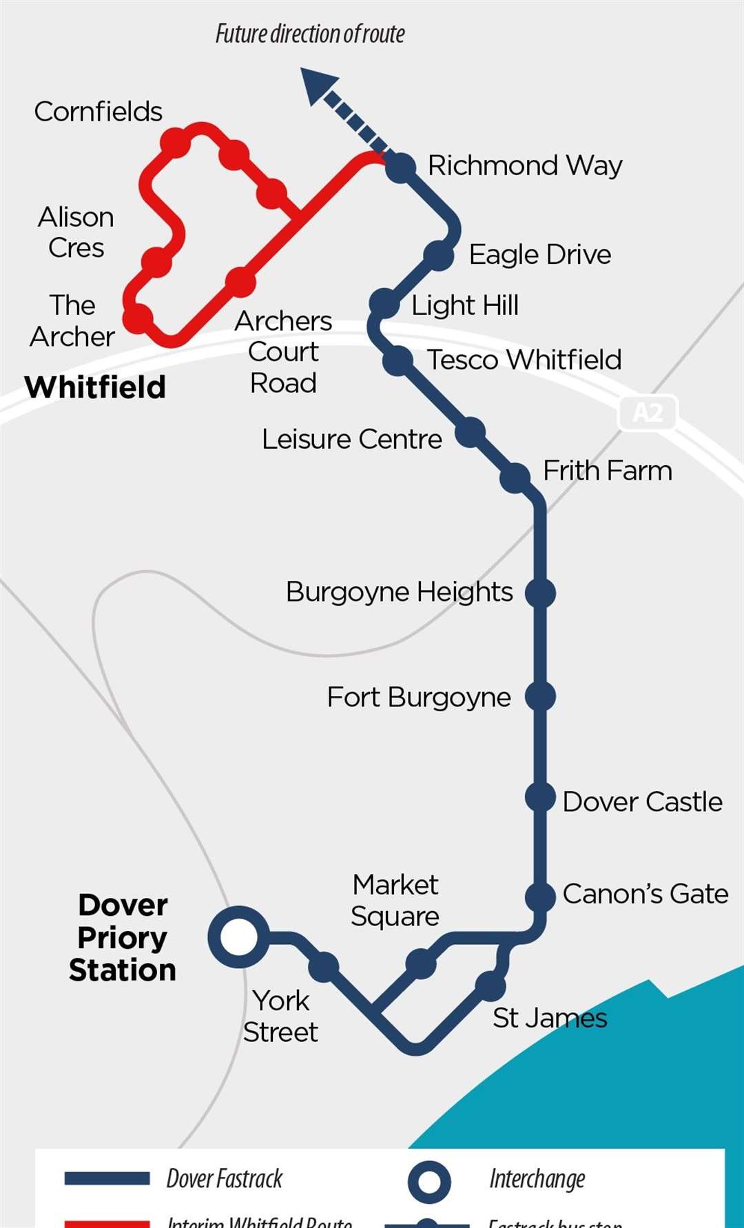 A map showing where the Dover Fastrack route is set to run