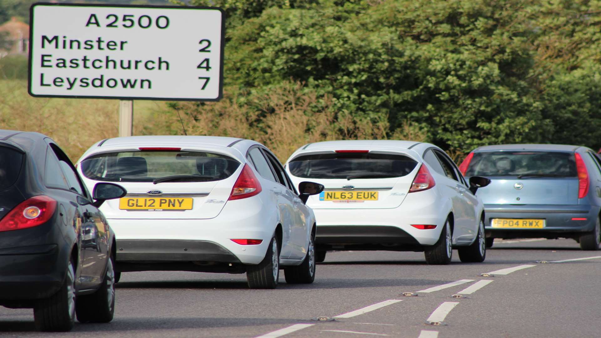 Traffic chaos on the A2500 Lower Road on the Isle of Sheppey from Cowstead Corner to its junction with Barton Hill Drive.