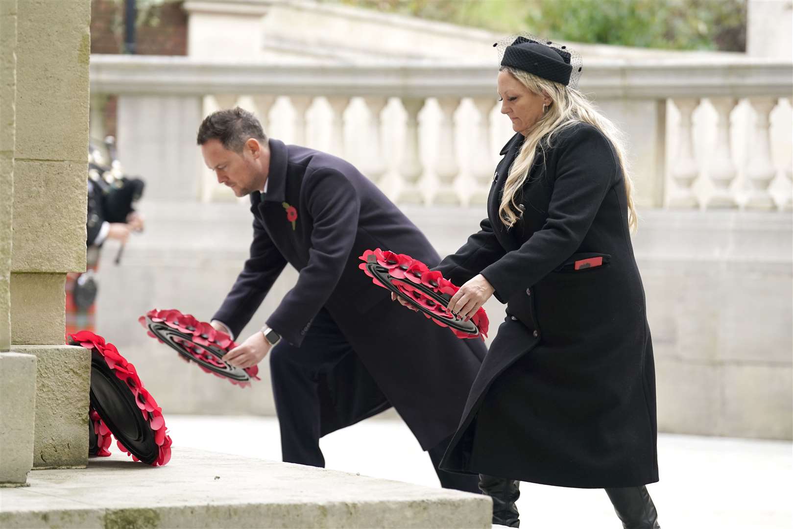 Labour MPs Amanda Martin and Stephen Morgan laid wreaths during the Remembrance Sunday service in Guildhall Square, Portsmouth (Andrew Matthews/PA)