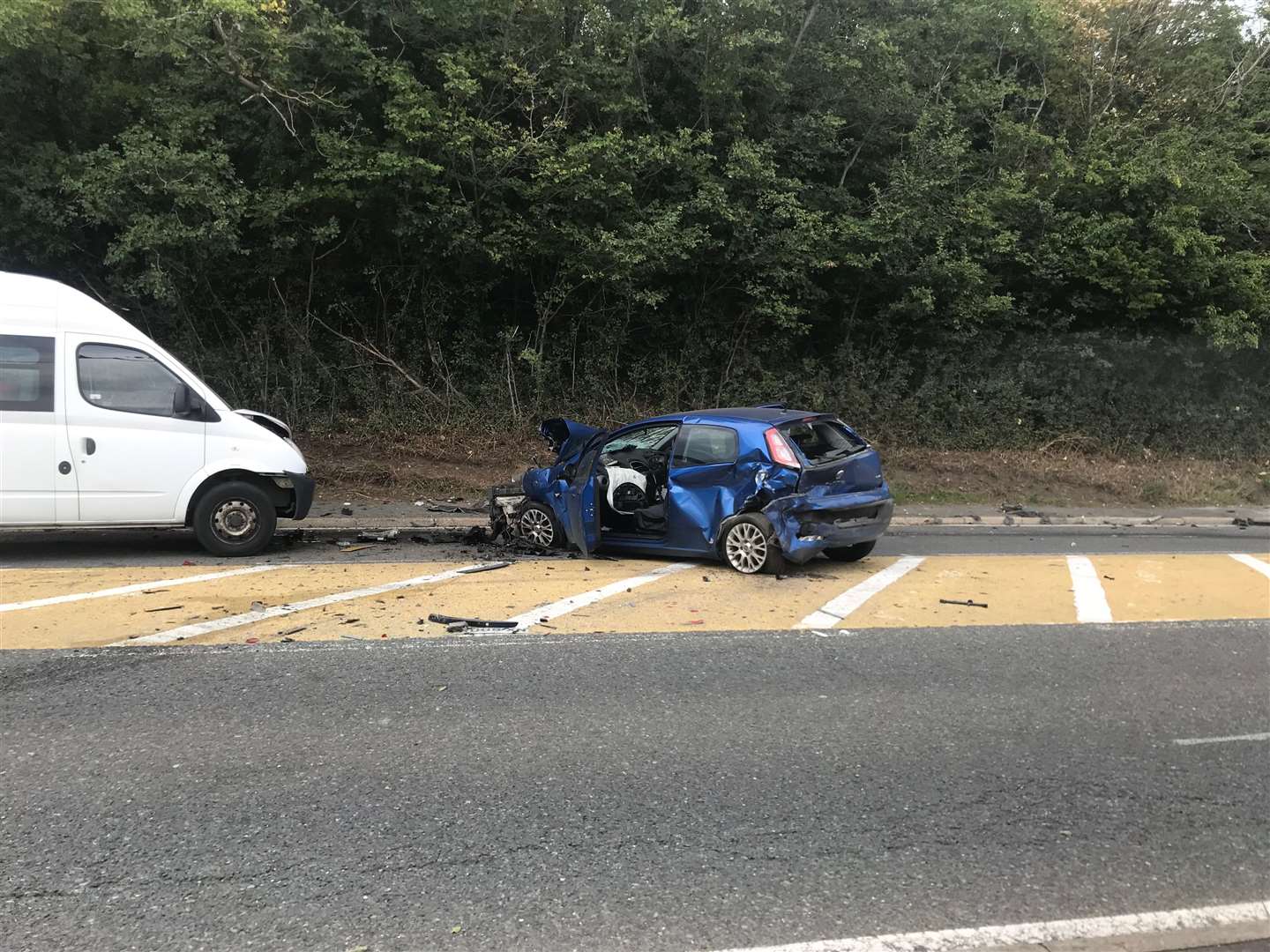 The trail of damage left after the cement mixer crashed into several parked cars in Cuxton