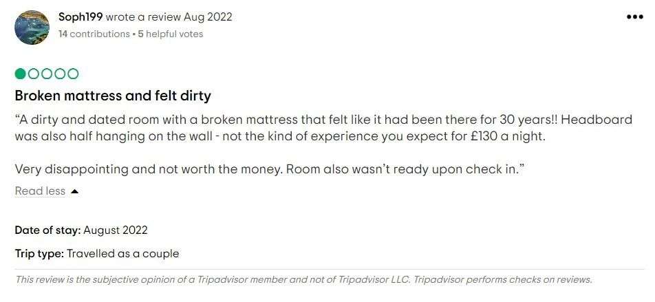 A TripAdvisor review in August complaining about a broken mattress on a bed. Picture: TripAdvisor