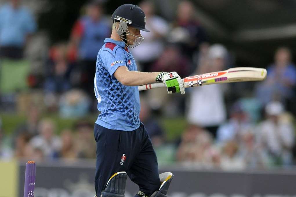 Kent's Sam Billings celebrates reaching 50 against Sussex. Picture: Barry Goodwin