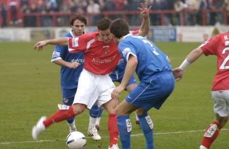 A tussle during Gravesend's encounter with Crawley. Picture: NICK JOHNSON