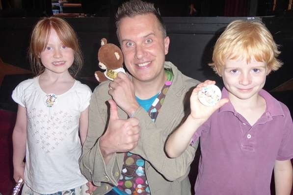 Mister Maker meets Winter Stevens-Greenwood and Finlay Chittenden, both six, from Bridge and Patrixbourne Primary School. The pair won tickets to the Mister Maker and the Shapes Live show at Margate's Winter Gardens because their class was most improved for reading in Kent when using Buster's Book Club.