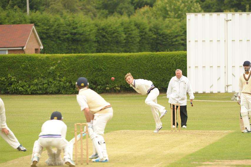 Jack Laraman bowls for Hartley on his way to taking 3-58 in the Premier Division win over Beckenham on Saturday. Picture: Steve Crispe